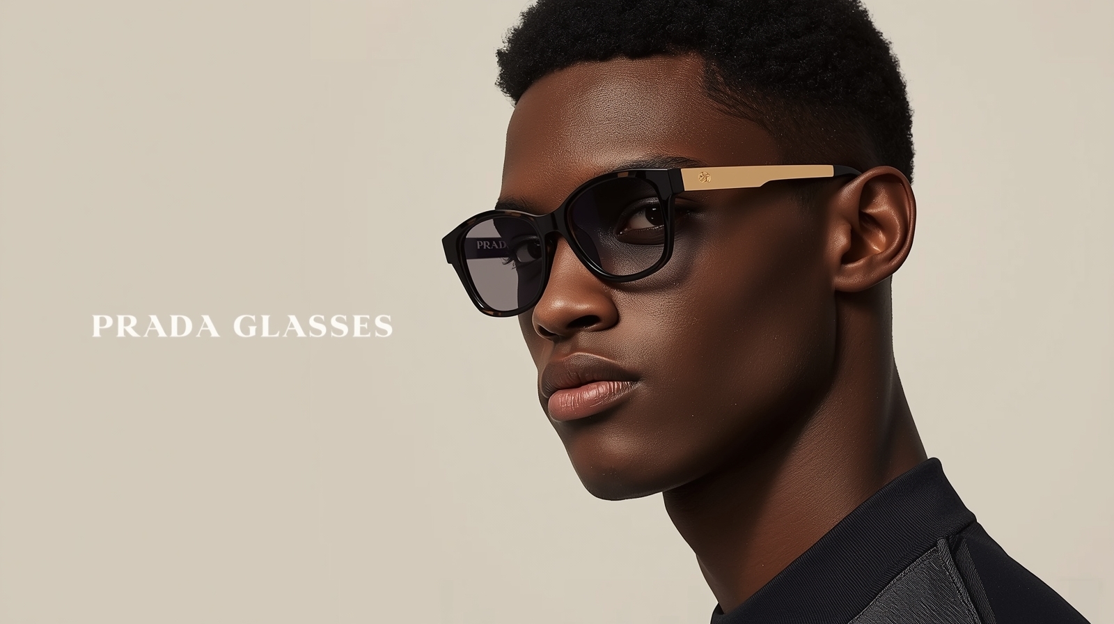 High-fashion creative banner highlighting Prada sunglasses