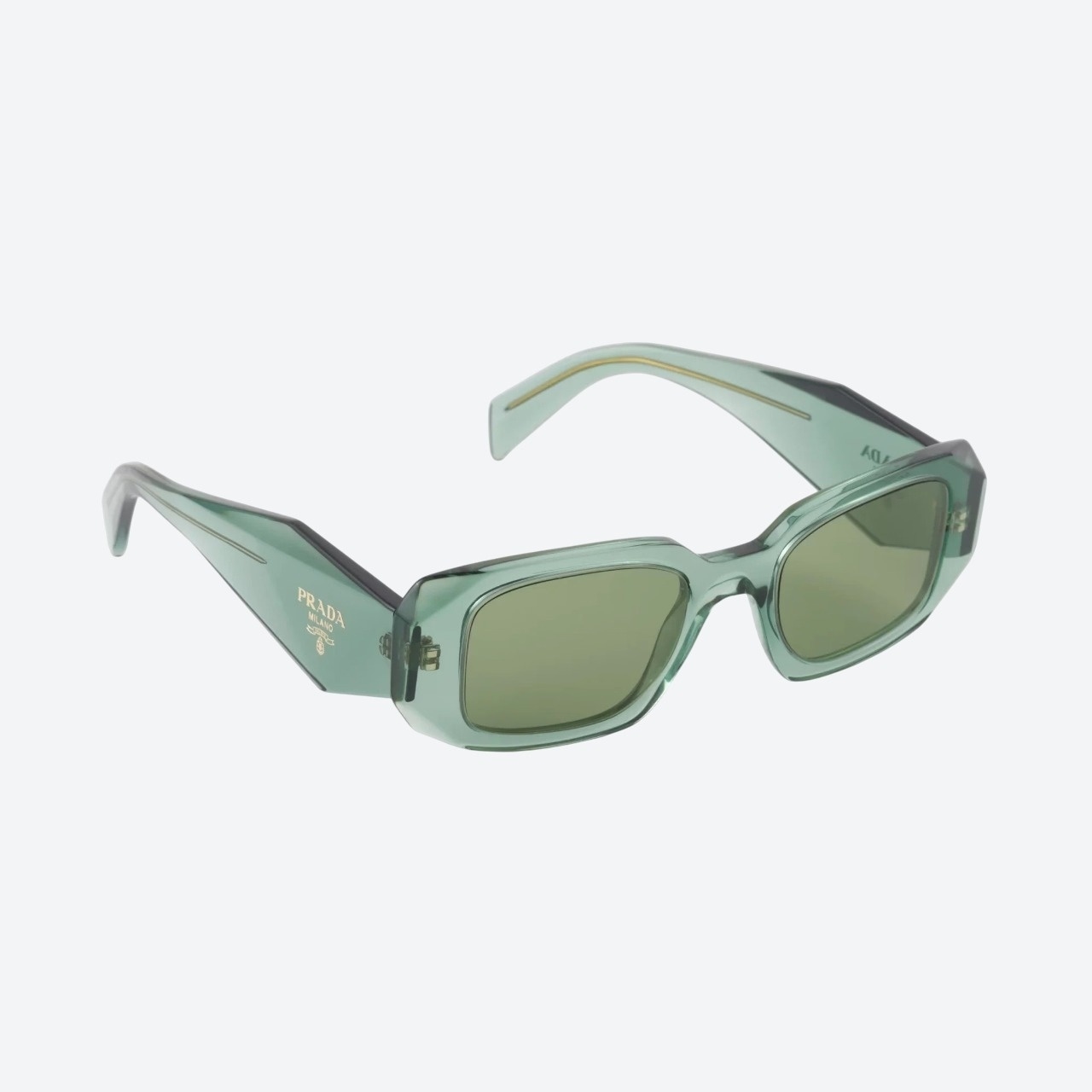 Prada Symbole sunglasses in sage green, front view with triangle logo