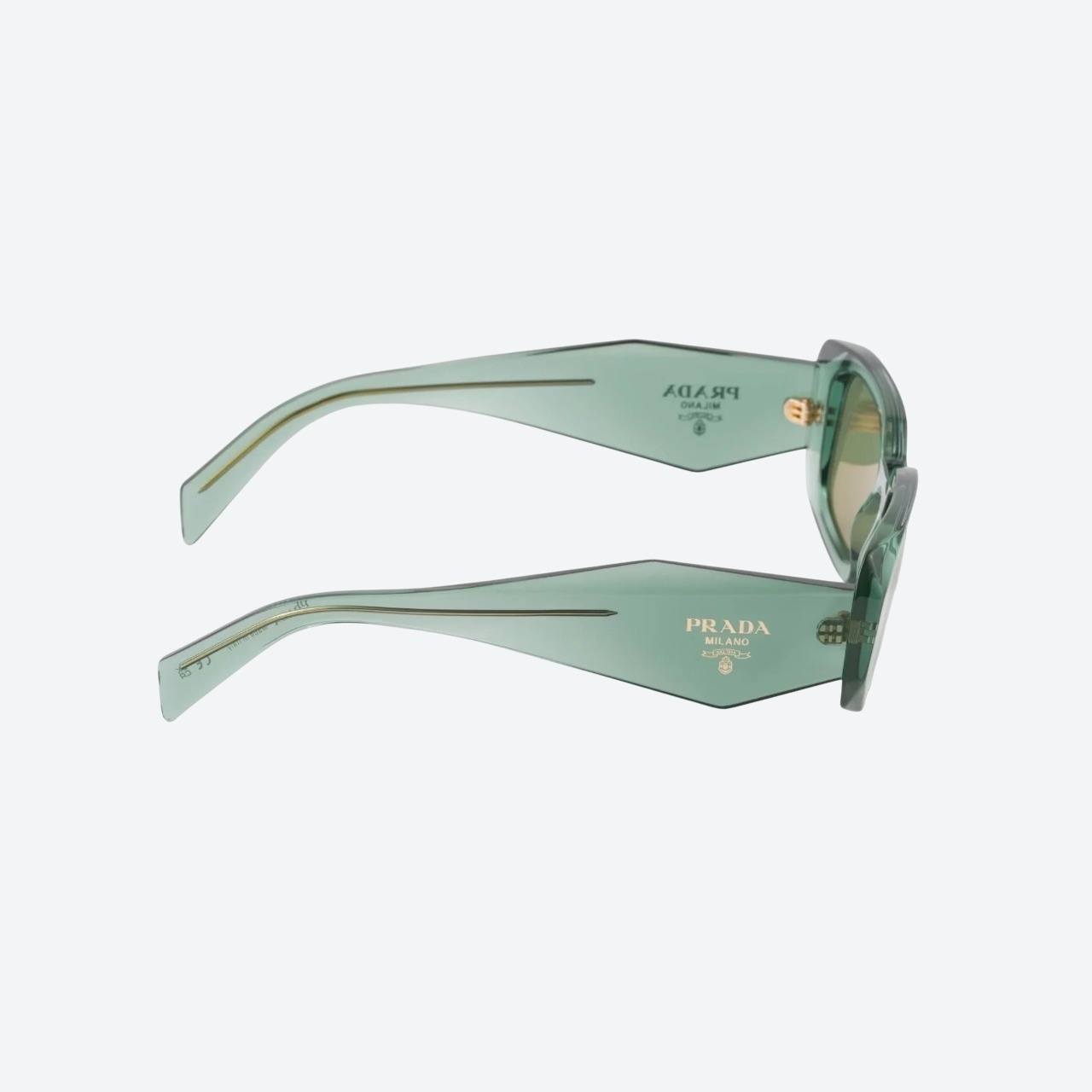 Side view - Prada Symbole sunglasses, sage green with logo plaque