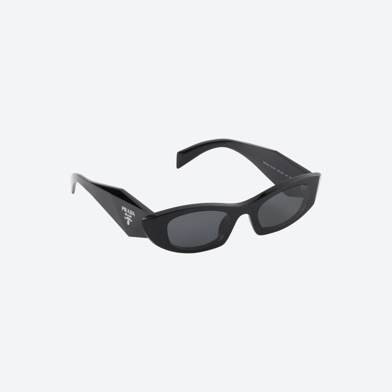 Prada Symbole black wraparound sunglasses with slate‑gray lenses, front angle